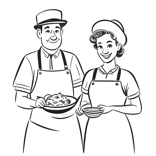 Strichzeichnung eines Mannes und einer Frau, die Sascha Huber und Paulina Wallner darstellen, die gerne zusammen kochen und Kartoffelsalat und Schnitzel als ihre Lieblingsgerichte genießen.