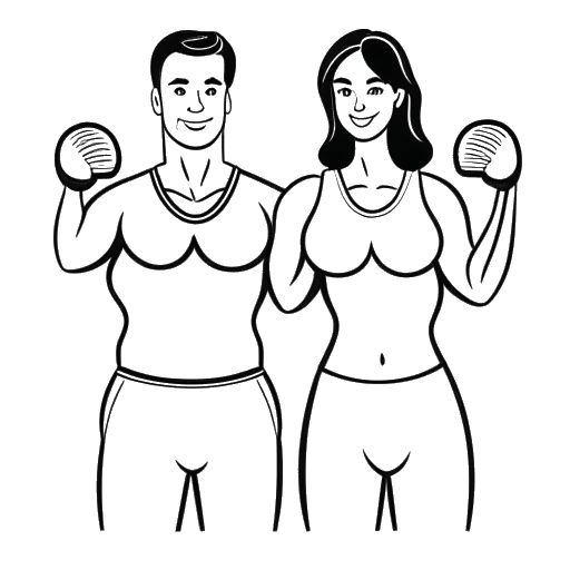 Strichzeichnung eines Mannes und einer Frau, die Sascha Huber und seine Freundin Paulina Wallner darstellen, beide Fitnesstrainer.