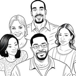 Line art drawing of Sterling K. Brown, representing Randall Pearson, in a family setting, surrounded by his loved ones, showing a range of emotions.