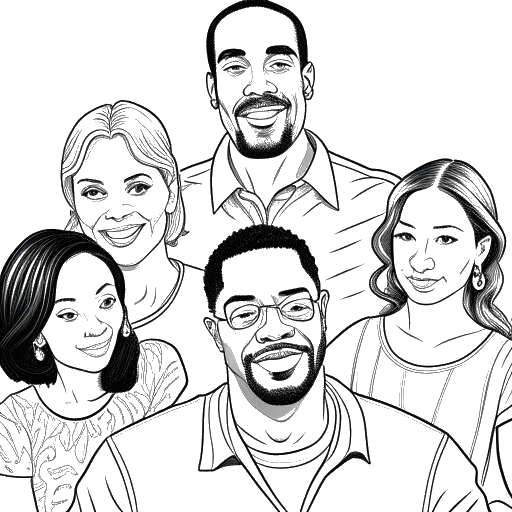 Line art drawing of Sterling K. Brown, representing Randall Pearson, in a family setting, surrounded by his loved ones, showing a range of emotions.