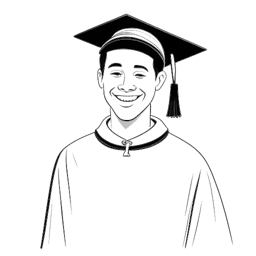 Lijnkunsttekening van Sterling K. Brown, een man met kort haar, gekleed in een afstudeerjapon, die trots glimlachend een diploma vasthoudt.