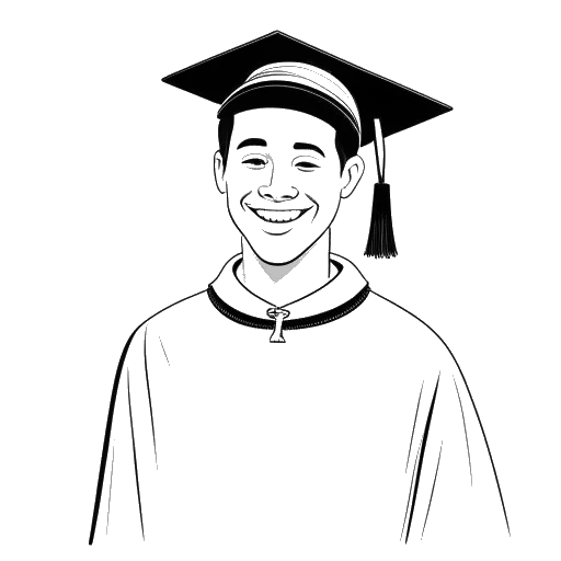 Dibujo de línea de Sterling K. Brown, un hombre de cabello corto, vestido con una toga de graduación, sosteniendo un certificado de grado con una sonrisa orgullosa en su rostro.