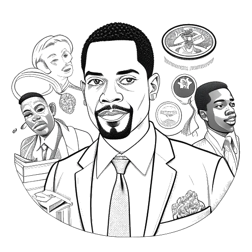 Desenho artístico de um homem representando Sterling K. Brown. Ele está rodeado por ícones representando suas várias fontes de renda e empreendimentos empresariais, destacando sua diversificada carteira financeira.