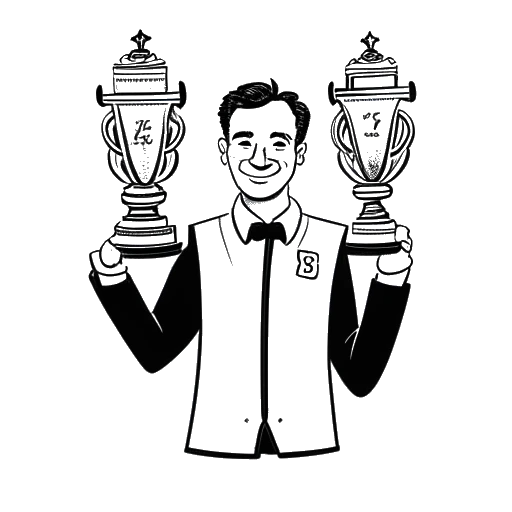 Line art drawing of a man, representing Sterling K. Brown, holding multiple awards, with the number '16' and '69' in the background