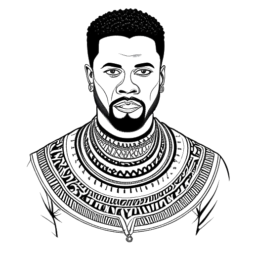 Line art drawing of a man, representing Sterling K. Brown as N'Jobu, wearing a traditional African outfit, with the Black Panther logo in the background