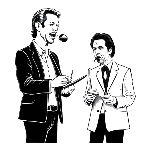 Desenho em arte linear de um homem, representando Sterling K. Brown, no palco, segurando um roteiro, com Al Pacino e Steve Buscemi ao fundo