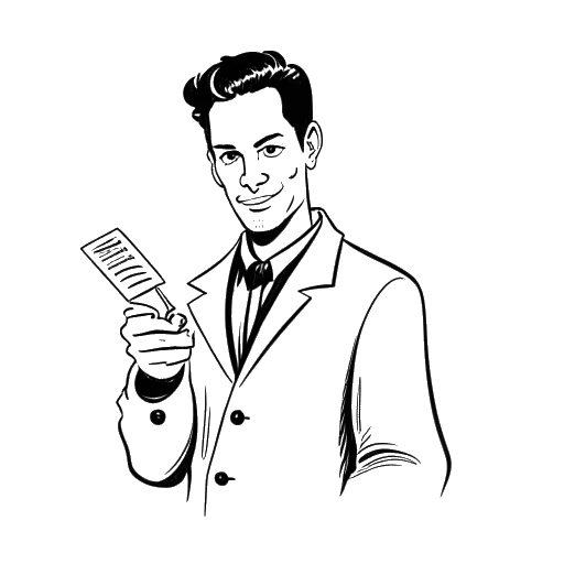 Line art drawing of a man, representing Sterling K. Brown, holding a signed card from David Blaine, with a magic wand in the background