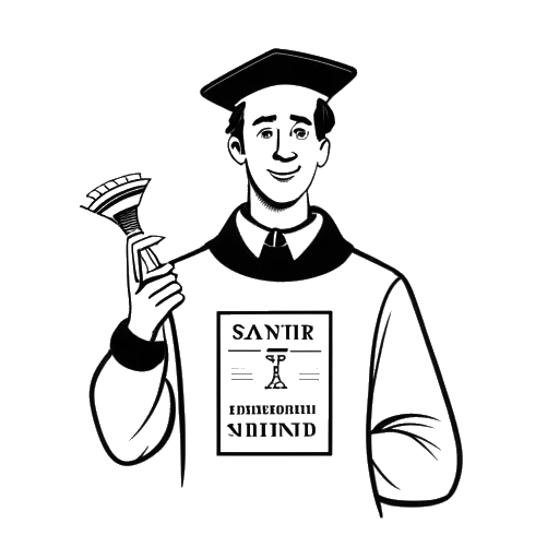 Desenho em arte linear de um homem, representando Sterling K. Brown, segurando um diploma, com o logo da Universidade de Stanford ao fundo