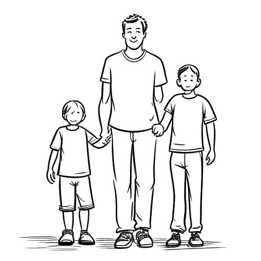 Line art drawing of a man, representing Sterling K. Brown, holding hands with two boys, with a family photo in the background