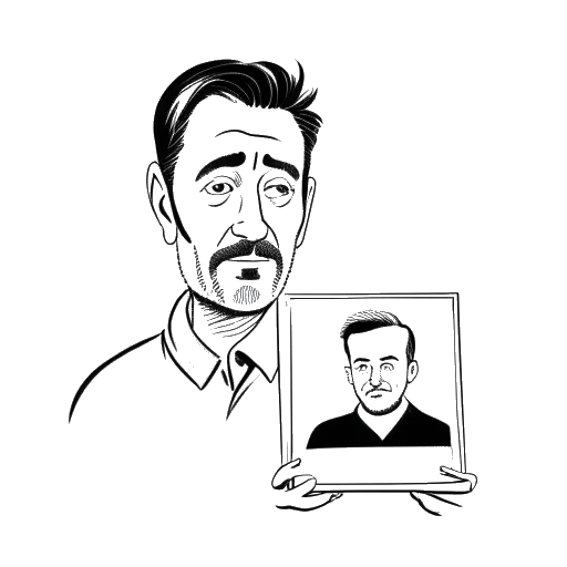 Line art drawing of a man, representing Sterling K. Brown as a child, with a sad expression, holding a photograph of his father