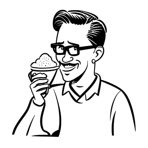 Line art drawing of a man, representing Sterling K. Brown, eating ice cream, with the words 'Ted Drewes Frozen Custard' in the background