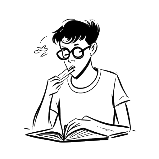 Dibujo de línea de un adolescente, representando a Sterling K. Brown, escribiendo 'Sterling' en un papel, con una burbuja de pensamiento que contiene una máscara de teatro
