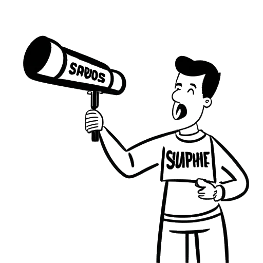Desenho em arte linear de um homem, representando Sterling K. Brown, segurando um megafone, com as palavras 'apoio' e 'filmes diversos' ao fundo