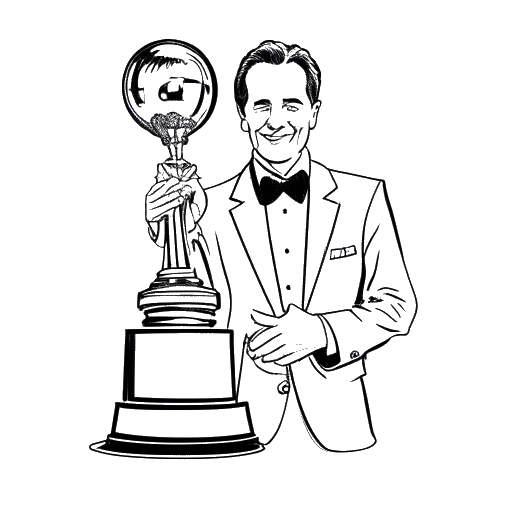 Line art drawing of a man, representing Sterling K. Brown, holding a Golden Globe and a SAG Award, with a family in the background