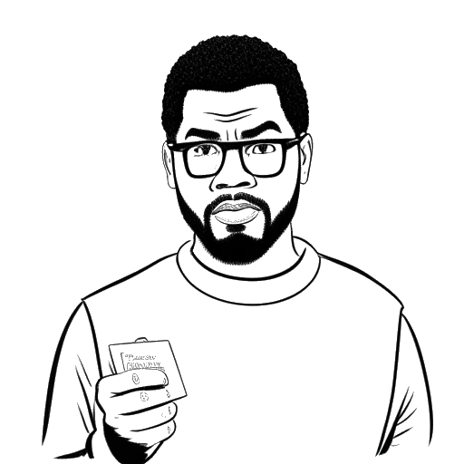 Desenho em arte linear de um homem, representando Sterling K. Brown, com expressão confusa, segurando uma fotografia de Tyler Perry