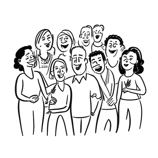 Line art drawing of a man representing GreekGodX surrounded by a supportive community, engaging in conversations and laughter.