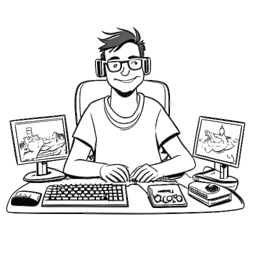 Dibujo en arte lineal de un hombre representando a GreekGodX con una sonrisa traviesa, sosteniendo un controlador de juegos y rodeado de monitores de computadora.