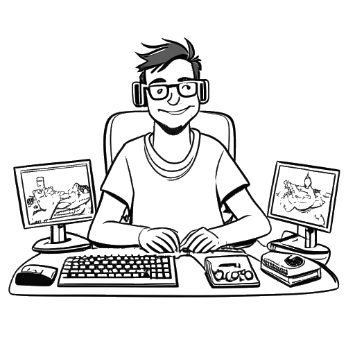 Line art drawing of a man representing GreekGodX with a mischievous smile, holding a video game controller and surrounded by computer monitors.
