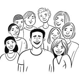 Line art drawing of a man representing GreekGodX surrounded by friends and loved ones, radiating positivity and support.