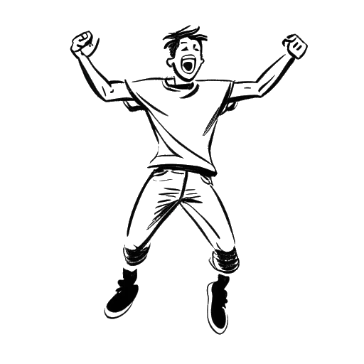 Strichzeichnung eines Mannes, der GreekGodX darstellt und Hindernisse überwindet, mit einem triumphierenden Ausdruck im Gesicht.