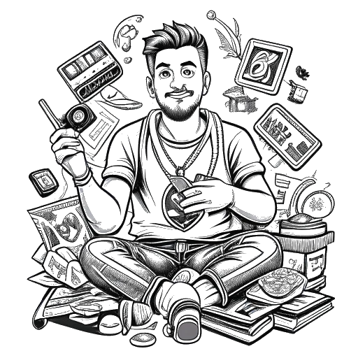 A line art drawing of a man, representing GreekGodX, in a humorous pose. He holds a game controller in one hand and a stack of dollar bills in the other. The background features symbols and icons related to streaming and gaming, all against a white backdrop.