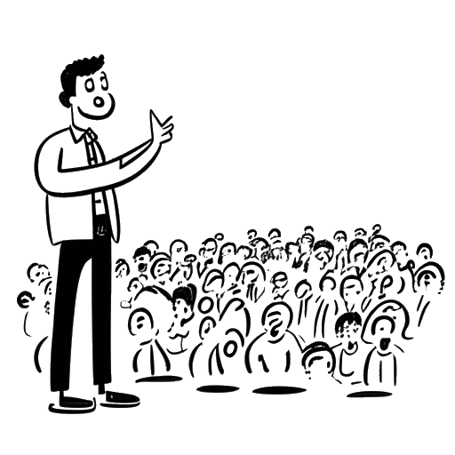 Desenho de arte linear de um homem representando o GreekGodX, dirigindo-se a uma multidão com um balão de fala dizendo 'GGX'