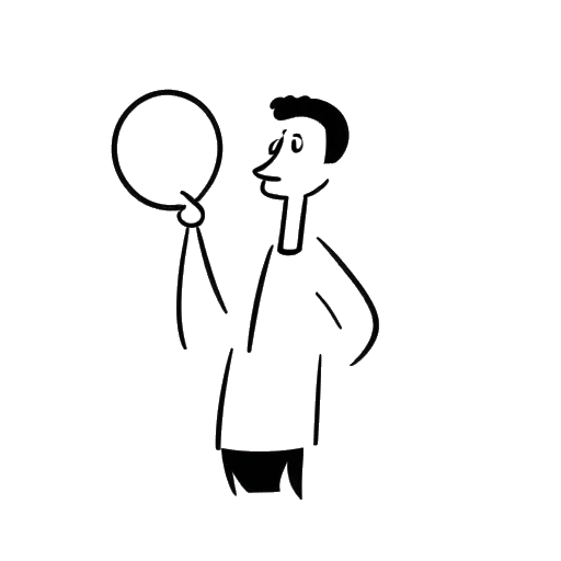 Line art drawing of a man representing GreekGodX, holding a speech bubble with an exclamation mark