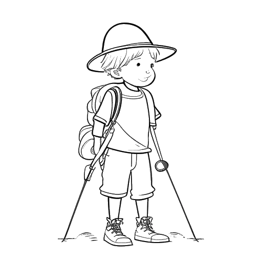 Desenho de arte linear de um garoto representando o GreekGodX, segurando uma vara de pesca com uma mochila de caça
