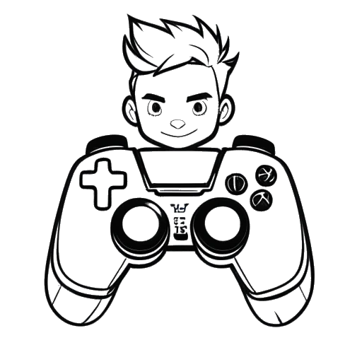Lijnart-tekening van een man die GreekGodX vertegenwoordigt, met een gamecontroller voor een LoL-logo.