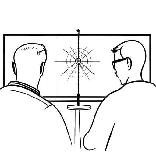 Strichzeichnung eines Mannes, der GreekGodX repräsentiert, der auf einem Bildschirm mit einem Fadenkreuz über dem Gesicht eines anderen Mannes schaut