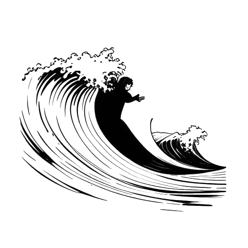 Desenho de arte linear de um homem representando o GreekGodX, lutando contra uma grande onda