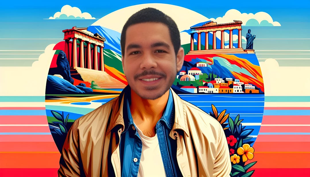 GreekGodX (Dimitri Raymondo Antonatos), bald and smiling, with vibrant Greek landmarks in the background. Casual attire and a confident expression.