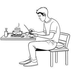 Viivapiirros Zeddiä esittävästä miehestä, joka istuu sushi-baarissa pelaamassa videopeliä, ja jonka vieressä on jalkapallo ja nuotti valkoisella pohjalla.