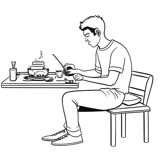 Disegno in stile line art di un uomo, che rappresenta Zedd, seduto al bancone di un sushi bar mentre gioca a un videogioco, con un pallone da calcio e una nota musicale accanto a lui, su sfondo bianco.