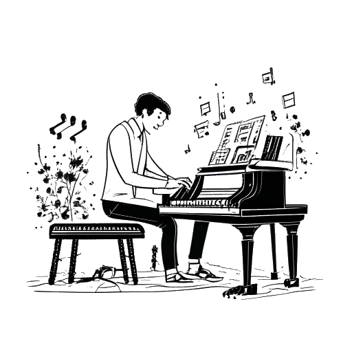 Dibujo de arte lineal de un hombre, representando a Zedd, tocando un teclado electrónico, rodeado de notas musicales y un trofeo Grammy, sobre un fondo blanco.