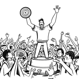 Dibujo de arte lineal de un hombre, representando a Zedd, actuando en el escenario en medio de una multitud enérgica, con una bobina de película y un ícono de League of Legends cercanos, sobre un fondo blanco.
