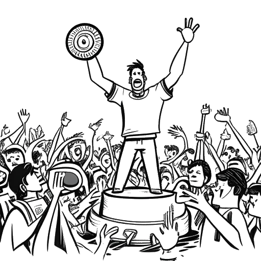 Dibujo de arte lineal de un hombre, representando a Zedd, actuando en el escenario en medio de una multitud enérgica, con una bobina de película y un ícono de League of Legends cercanos, sobre un fondo blanco.