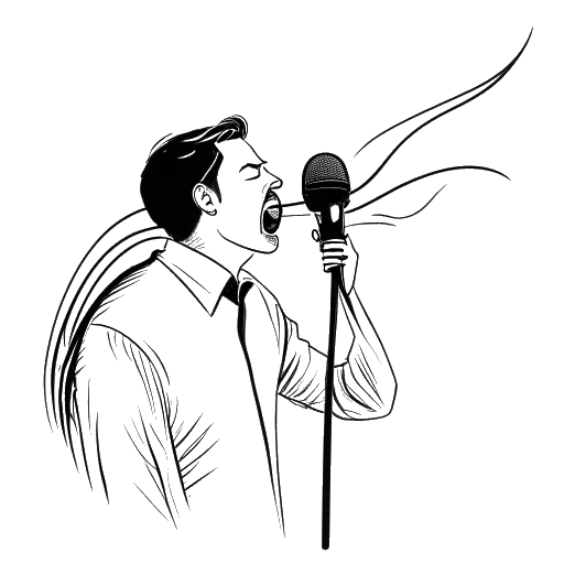 Disegno in stile line art di un uomo, raffigurante Zedd, che canta in un microfono con onde sonore che lo circondano.