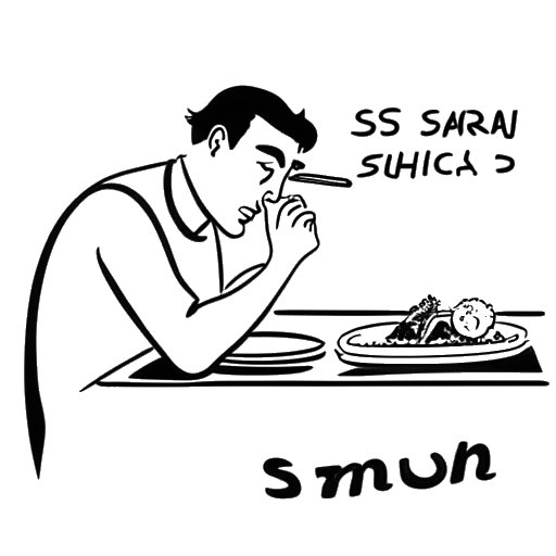 Dibujo de arte lineal de un hombre, representando a Zedd, comiendo sushi en un restaurante con el letrero de 'Sugarfish' visible en el fondo.