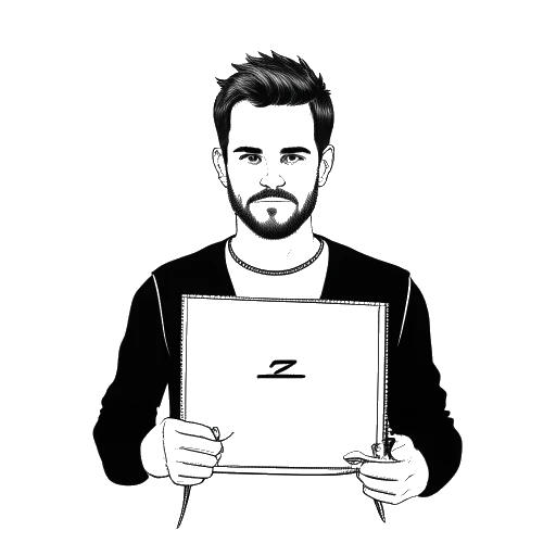 Dibujo de arte lineal de un hombre, representando a Zedd, sosteniendo una portada de sencillo etiquetada como 'Zedd - The Anthem'.