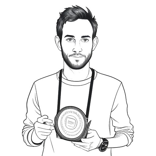 Dibujo de arte lineal de un hombre, representando a Zedd, sosteniendo un Premio Grammy con la portada del álbum 'Zedd - Clarity' a su lado.