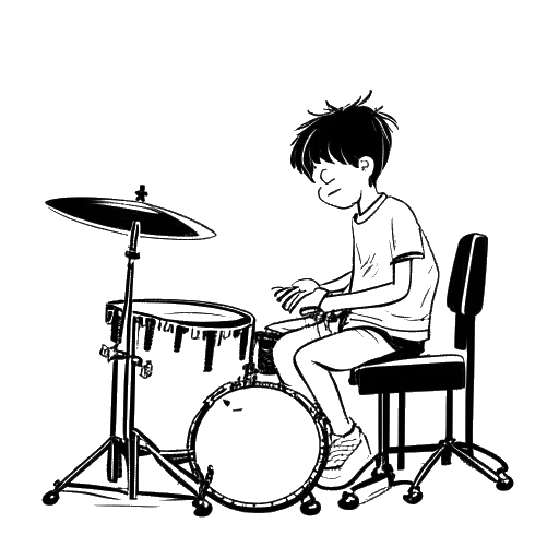 Dibujo de arte lineal de un niño pequeño, representando a Zedd, tocando la batería. Un piano es visible en el fondo.