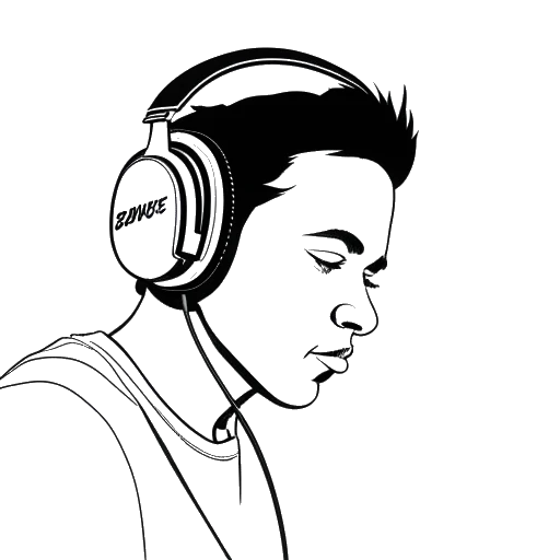 Disegno in stile line art di un uomo, raffigurante Zedd, con le cuffie indossate e che ascolta la copertina dell'album '†' dei Justice.