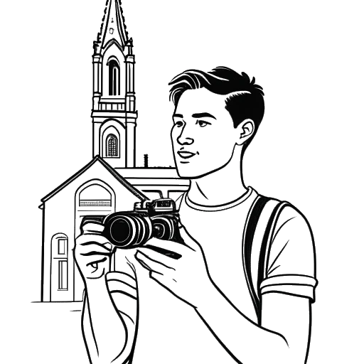 Strichzeichnung eines jungen Mannes, der Sascha darstellt, der eine Digitalkamera hält, mit einer Kirche im Hintergrund.