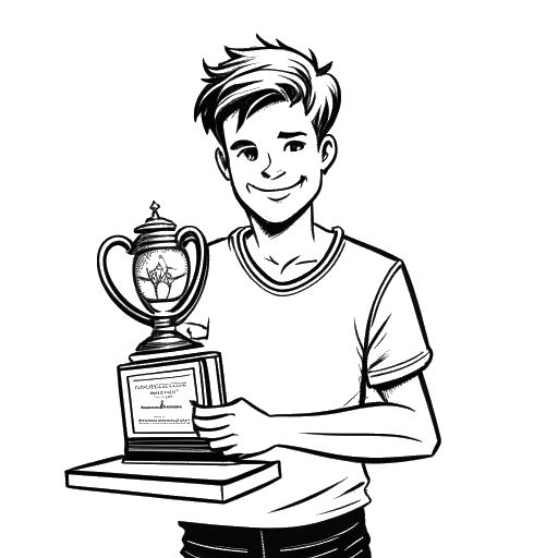 Strichzeichnung eines jungen Mannes, der Sascha darstellt, der einen Pokal hält, mit 'Angelcamp' und 'Horrorcamp' auf einem Twitch-Logo-Bildschirm im Hintergrund.