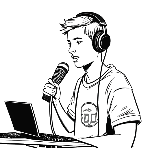 Strichzeichnung eines jungen Mannes, der Sascha darstellt, der ein Mikrofon vor einem Twitch-Logo-Bildschirm hält, mit '1.000.000' und '80.000' im Hintergrund.