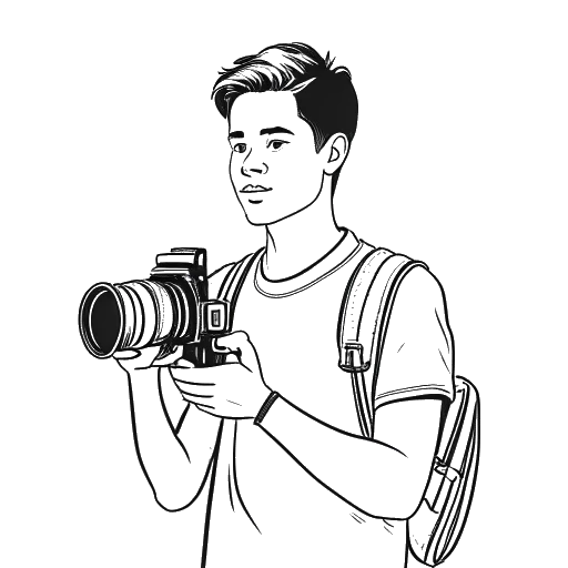 Strichzeichnung eines jungen Mannes, der Sascha darstellt, der vor einem Schulgebäude eine Videokamera hält.
