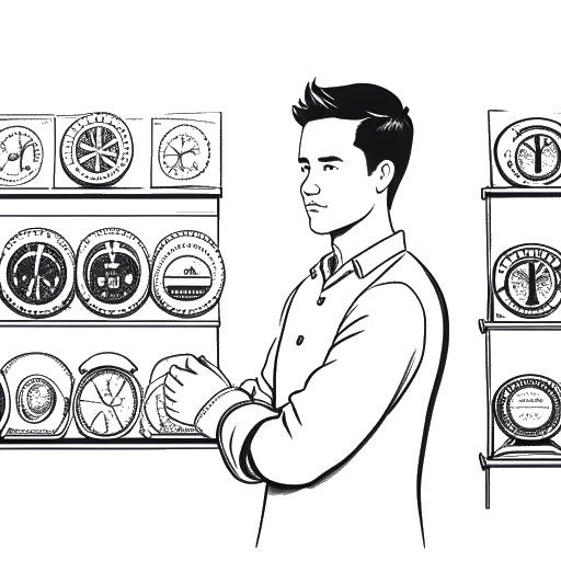Strichzeichnung eines jungen Mannes, der Sascha darstellt, der eine Uhr hält, mit mehreren Uhren auf einem Regal im Hintergrund.