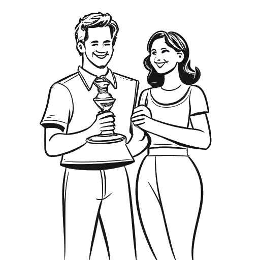 Strichzeichnung eines Mannes und einer Frau, die den Pokal für den Sieg bei 'The Voice of Germany' 2016 halten und Andreas Bourani sowie Tay Schmedtmann darstellen