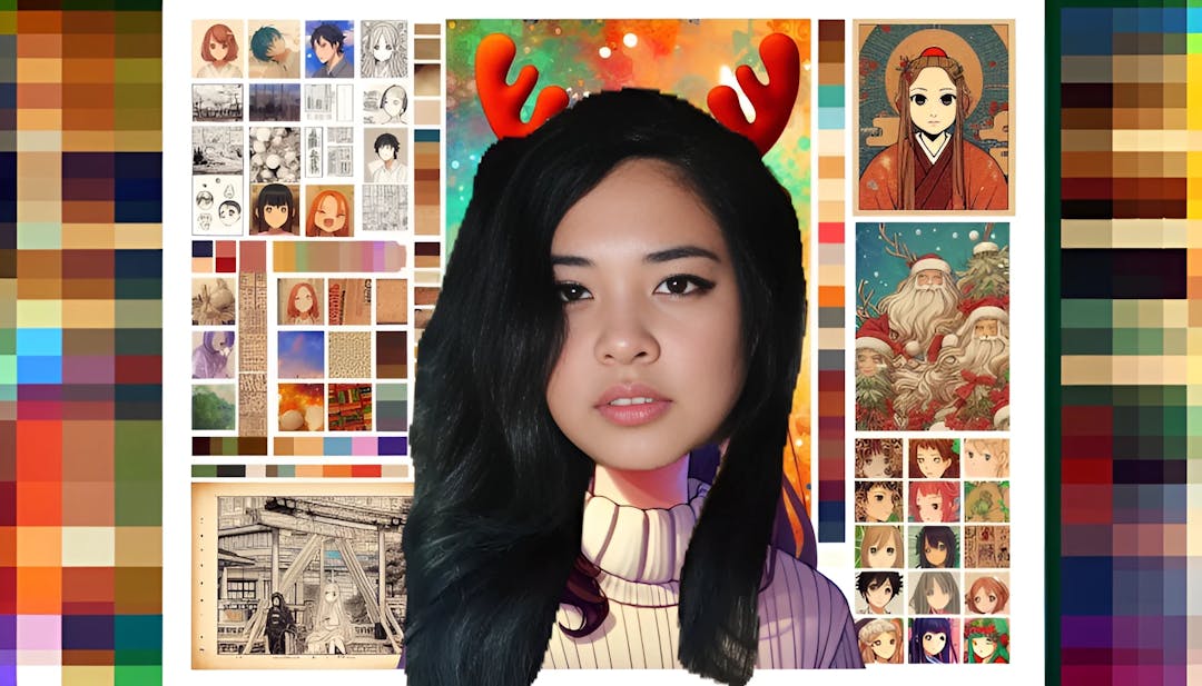 Aki (Agnes Yulo Diego) avec un serre-tête festif, entourée d'éléments d'anime et de manga, avec des couleurs vibrantes et une expression neutre